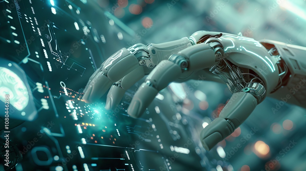 Aufkleber a robotic hand engages with a digital interface, showcasing advanced technology and innovation in a 