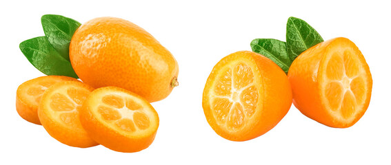Cumquat or kumquat with slices isolated on white background
