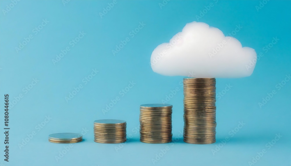 Aufkleber stack of coins symbolizing growing expenses in cloud computing, the background features subtle cloud