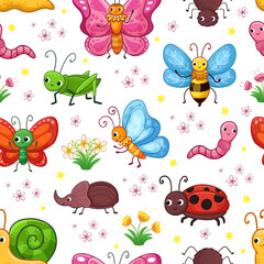 Seamless pattern with cute insects with different butterflies on a white background. Vector illustration with insect in cartoon style.