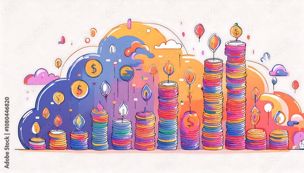 Aufkleber stack of coins symbolizing growing expenses in cloud computing, the background features subtle cloud
