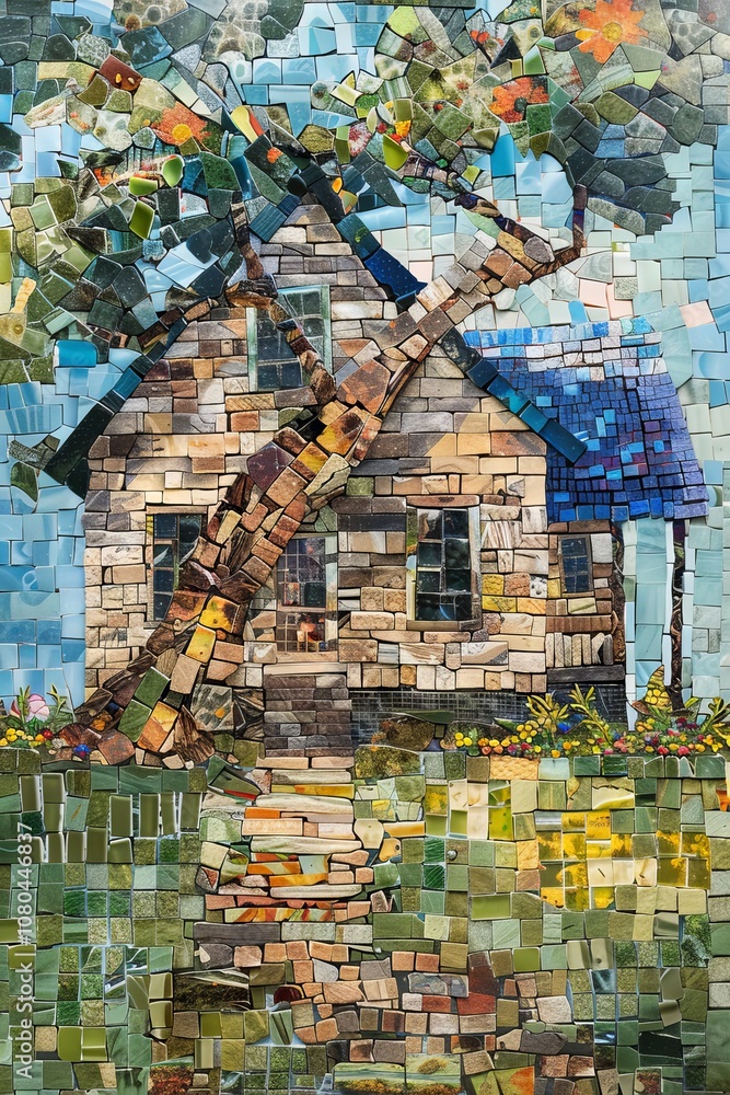 Poster a house with a tree in front of it. the house is made of bricks. the tree is leaning to the left