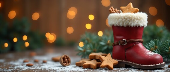 Leather boot for St. Nicholas Day filled with chocolate Santa cookies, gingerbread, cinnamon, stars, orange and green, fresh spruce branches