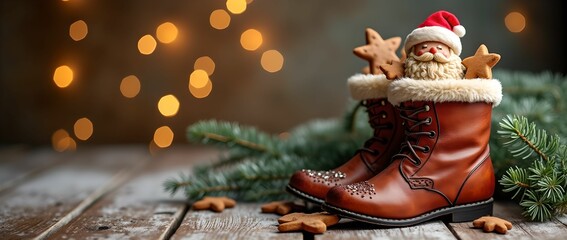 Leather boot for St. Nicholas Day filled with chocolate Santa cookies, gingerbread, cinnamon, stars, orange and green, fresh spruce branches