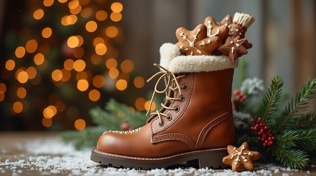 Leather boot for St. Nicholas Day filled with chocolate Santa cookies, gingerbread, cinnamon, stars, orange and green, fresh spruce branches