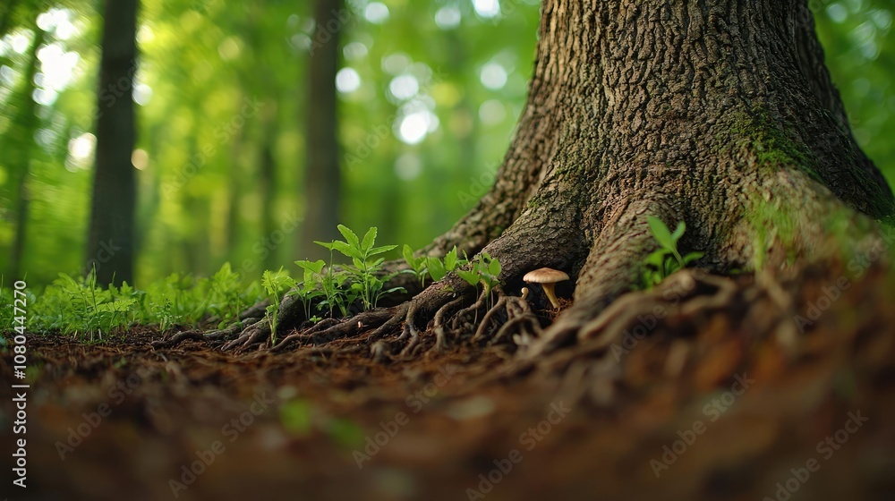Poster tree roots in a lush green forest with soft sunlight filtering through leaves.