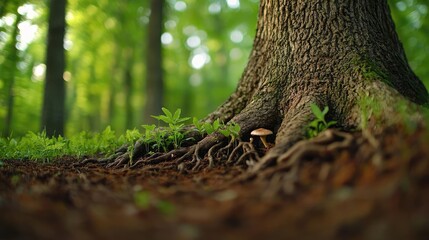 Obraz premium Tree roots in a lush green forest with soft sunlight filtering through leaves.
