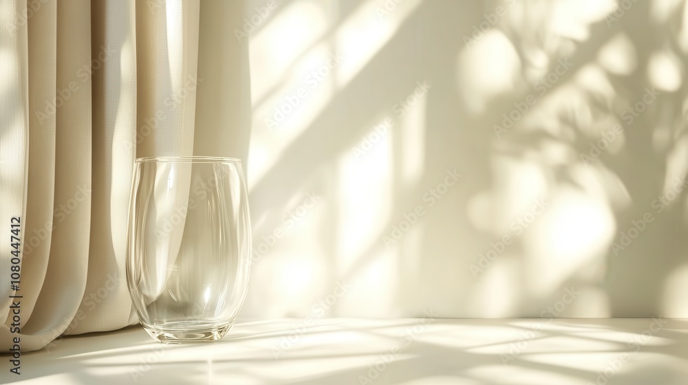 Poster a textured curtain paired with an empty glass vase is softly lit by sunlight, creating a peaceful an