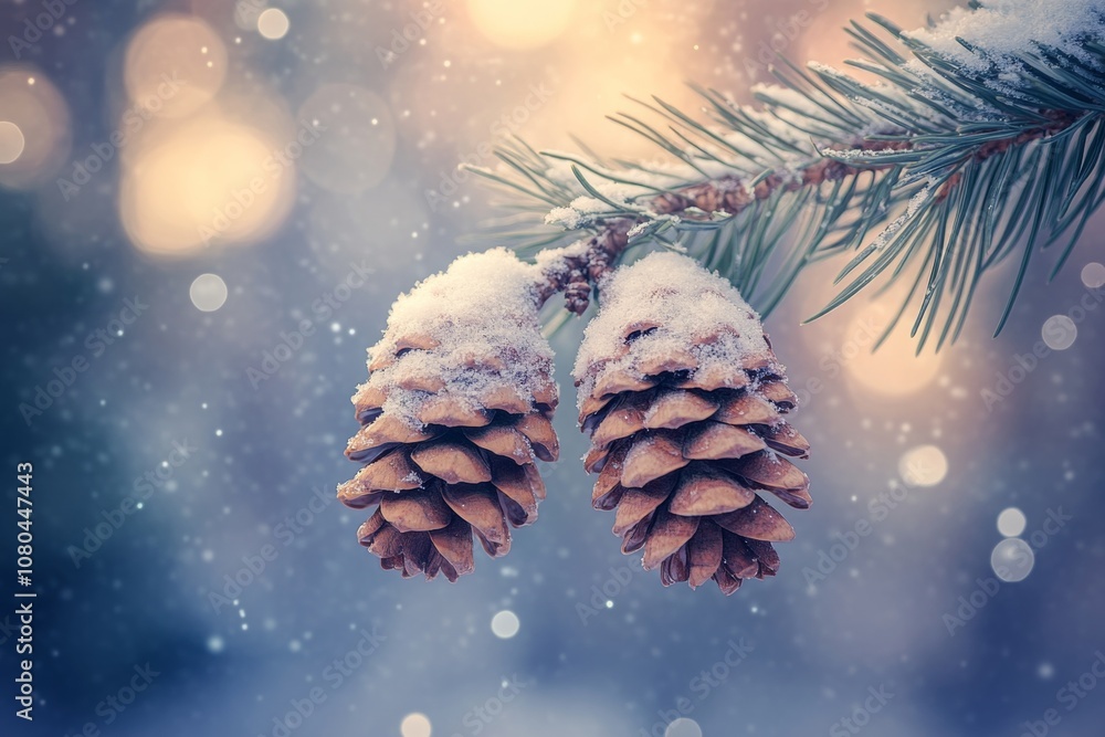 Poster two snow covered pine cones on a branch with a beautiful bokeh background in winter