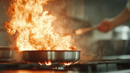 A cooking pan is engulfed in a large fireball, creating a dramatic and potentially dangerous scene in a kitchen, highlighting fiery intensity and action.