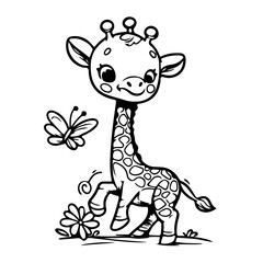 Fototapeta premium giraffe cartoon outline line art black and white illustration, isolated on transparent background