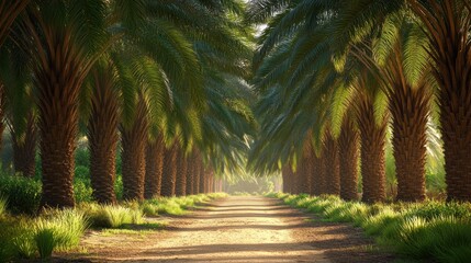 Obraz premium A dusty path winds through a grove of tall palm trees, sunlight filtering through the leaves.
