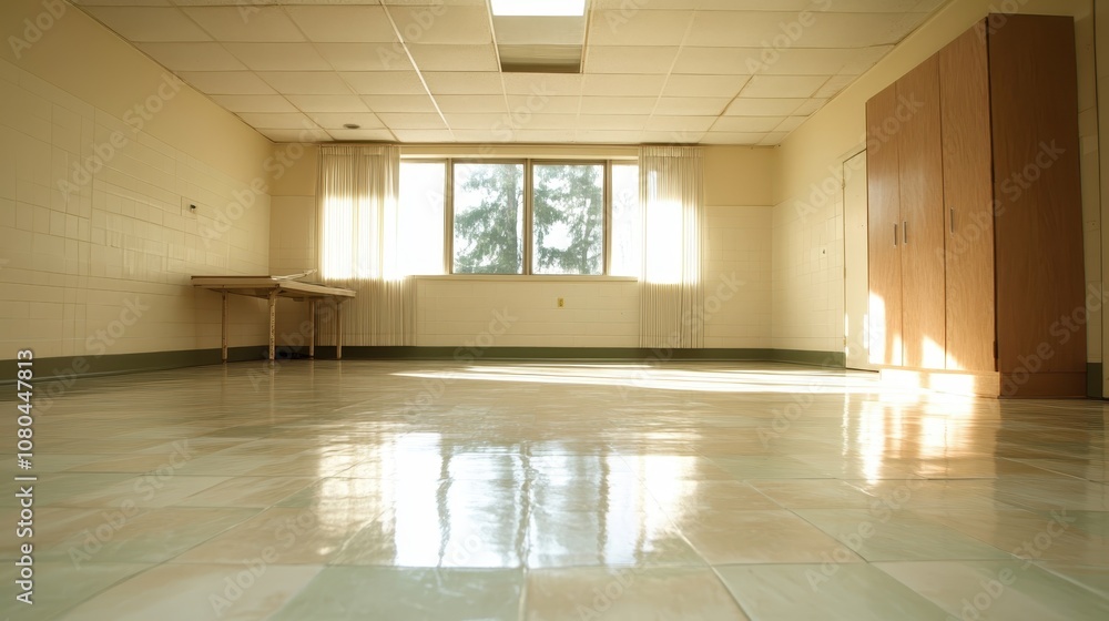 Poster an empty room featuring a large window that allows sunlight to fill the space, highlighting the poli