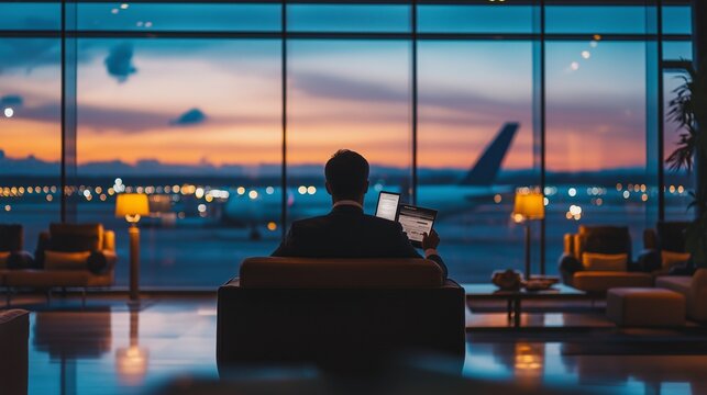 elegant traveler reviewing first-class airplane tickets at a luxury airport lounge
