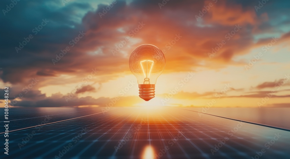 Poster a surreal scene featuring a floating light bulb over a reflective surface, illuminated by a warm sun