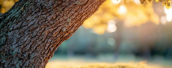 Obraz premium Tree trunk with sunlight filtering through leaves, natural serene environment.