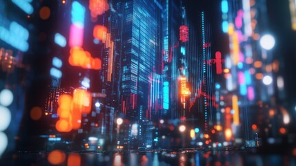Obraz premium Futuristic cityscape with vibrant digital displays.