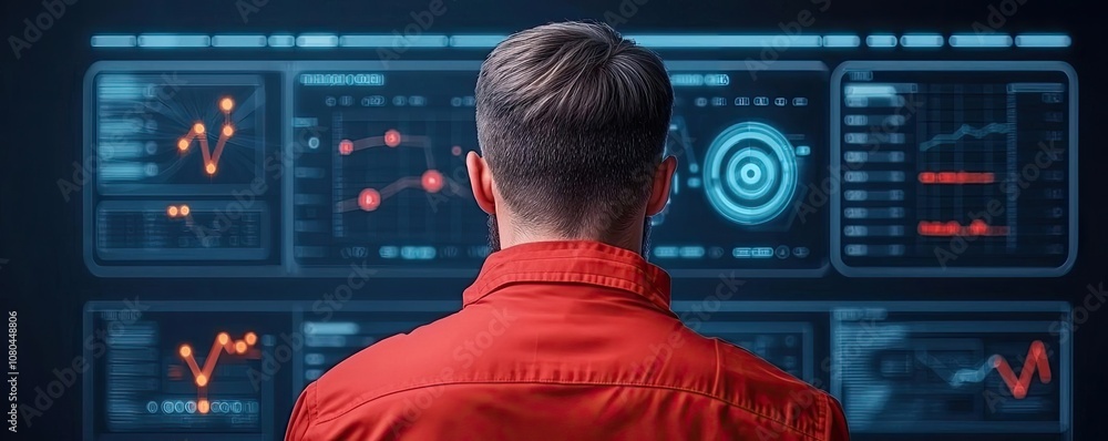 Poster man analyzing data on futuristic screens in a modern office environment.
