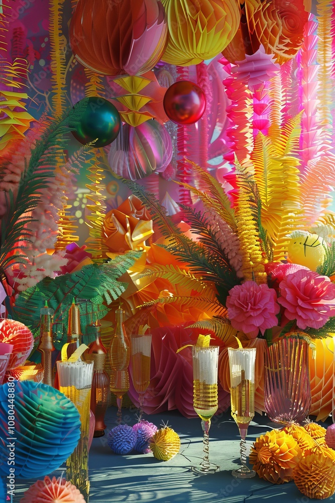 Poster detailed 3d view of a festive party setup featuring colorful decorations and party elements.