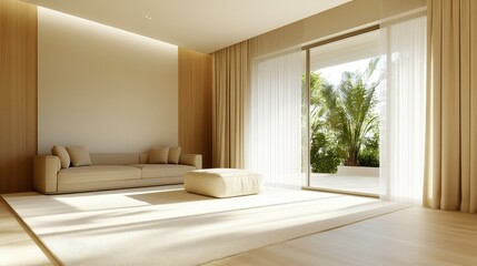 The expansive and airy modern living space with sleek furniture, including a low-profile couch and minimalist pouf, is beautifully illuminated through large glass sliding doors.