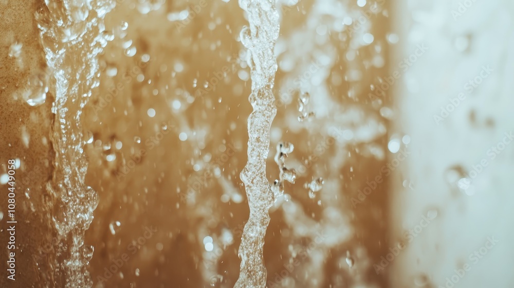 Poster clear water droplets cascade down in a continuous stream, splashing into a pool. the imagery evokes 