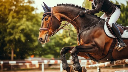horse and rider mid-jump over a hurdle in an equestrian event