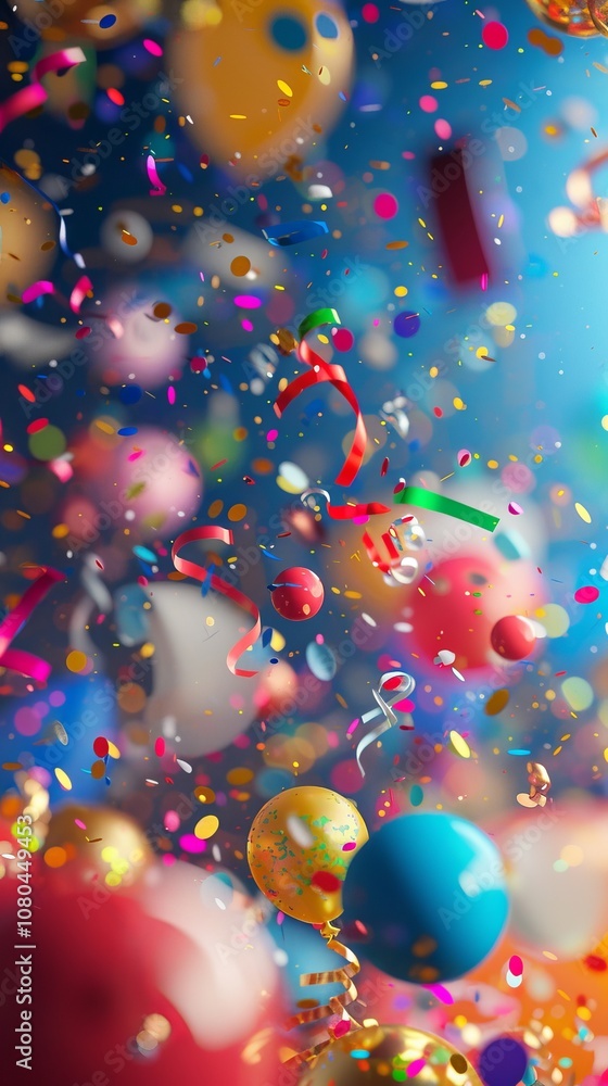 Poster dynamic 3d rendering of a celebration background with vibrant decorations and festive elements.