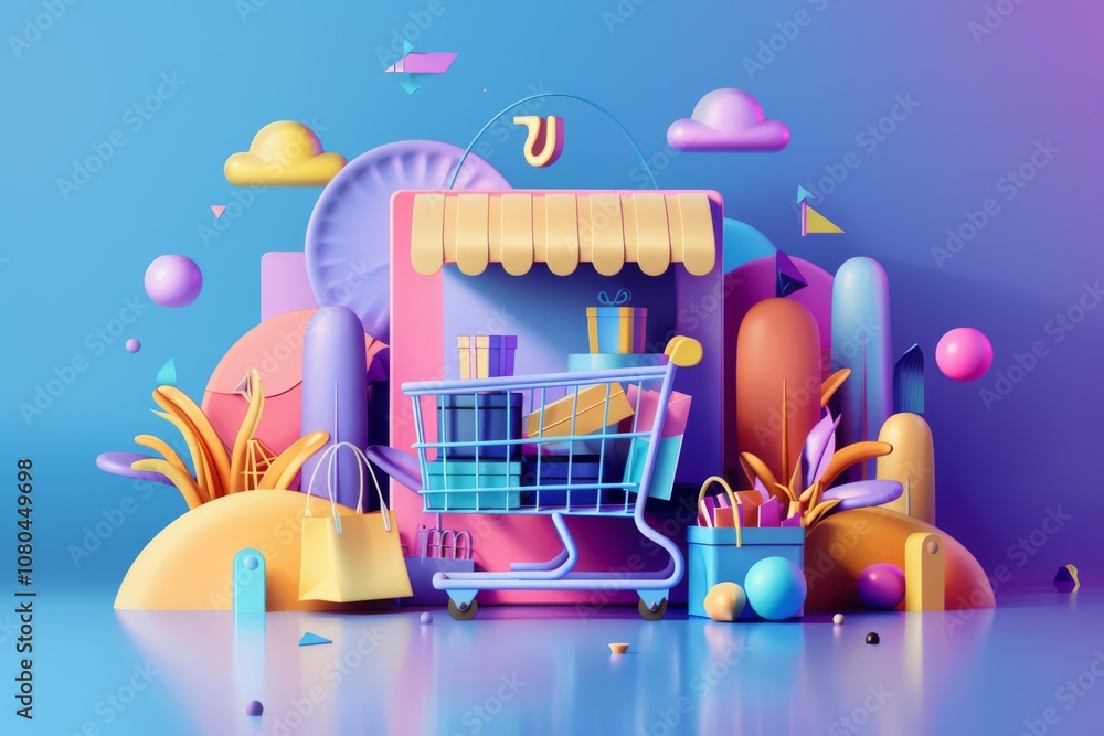 Poster a colorful shopping cart is in front of a store. the cart is full of items and has a sign on it that