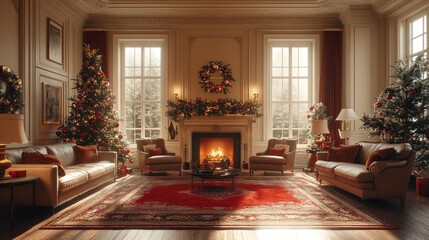 Cozy holiday living room with festive decorations and a fireplace.