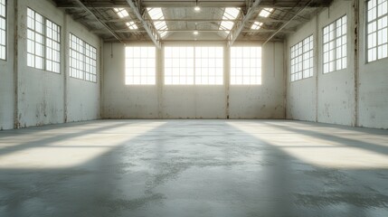 A spacious, light-filled industrial warehouse interior with pristine floors, lofty ceilings, and expansive windows, embodying openness and potential for creation.