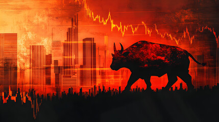 Finance trade manager analysing stock market indicators for best investment strategy, financial data and charts with business buildings in background