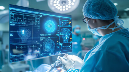 A surgeon operates in a high-tech environment, utilizing advanced 3D medical imaging technology, highlighting precision and innovation in modern healthcare.