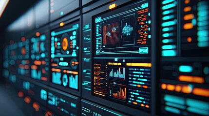 Naklejka premium Futuristic interface displaying data and analytics, illuminated in vibrant colors