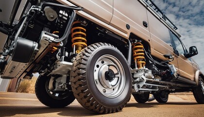 Futuristic offroad camper van on tarmac low view