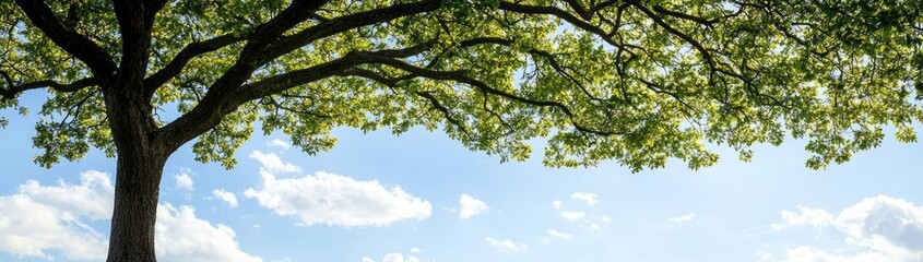 Obraz premium A large tree shading a lush green hillside under a bright blue sky.