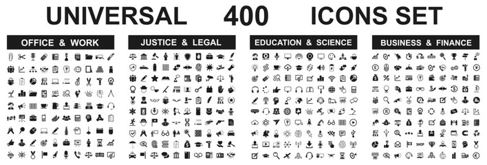 Set 400 icons: business, education, justice, office signs collection