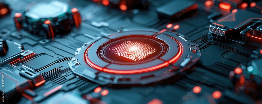 Poster futuristic circuit board with glowing red elements and intricate details.