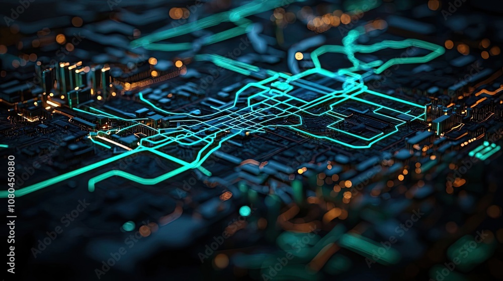 Poster digital circuit board with neon lines and glowing elements, isolated background.