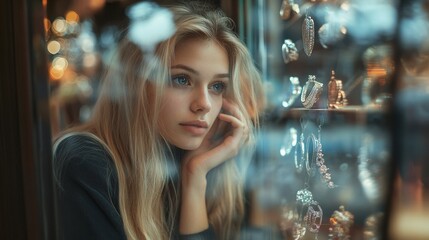 Fototapeta premium A woman with long blonde hair is looking out a window at a display of jewelry