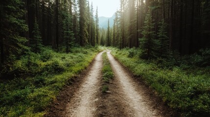 A winding dirt road cuts through a dense forest, leading toward distant mountains, evoking a sense of adventure and wanderlust amidst nature's grandeur.