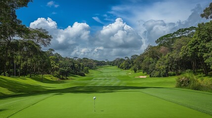 golfer ball and mid-swing on a beautifully manicured course, with lush greenery
