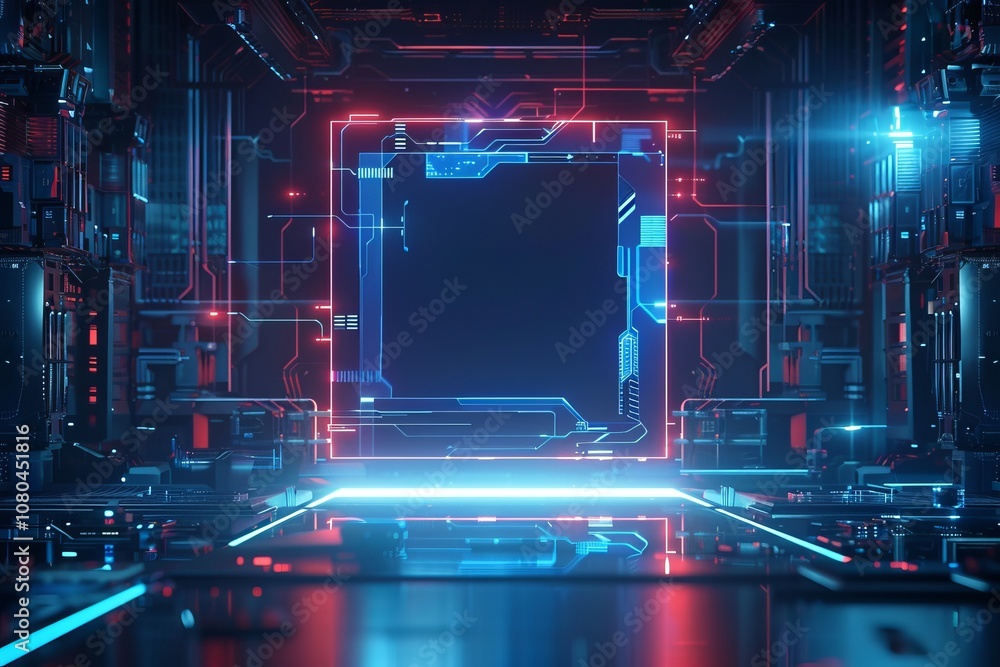 Poster a computer room with a large square in the middle. the square is lit up with neon colors