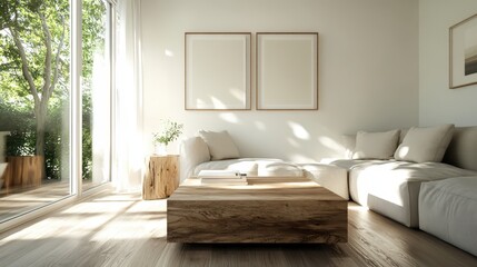 Fototapeta premium A cozy living room characterized by soft lighting, beige seating, wooden accents, and a serene view through large windows, offering a warm and inviting ambiance.