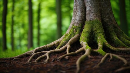 Tree roots in a lush forest setting, covered with vibrant green moss.