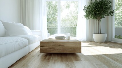 A bright white living room is highlighted by an indoor plant and a large window that lets in natural light, complete with a wooden coffee table centerpiece.