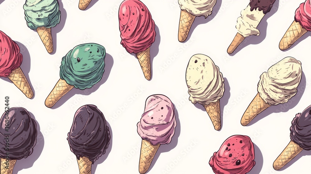 Poster a vibrant pattern of assorted ice cream cones with different flavors on a light background, creating
