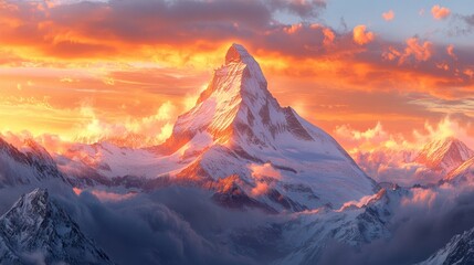 A majestic snow-capped mountain peak rises dramatically against a fiery sunset sky, with clouds swirling around its summit.