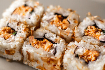 Sushi rolls. Japanese food in restaurant. Sushi roll set with salmon, vegetables and rice. Asian food concept. Japanese cuisine.