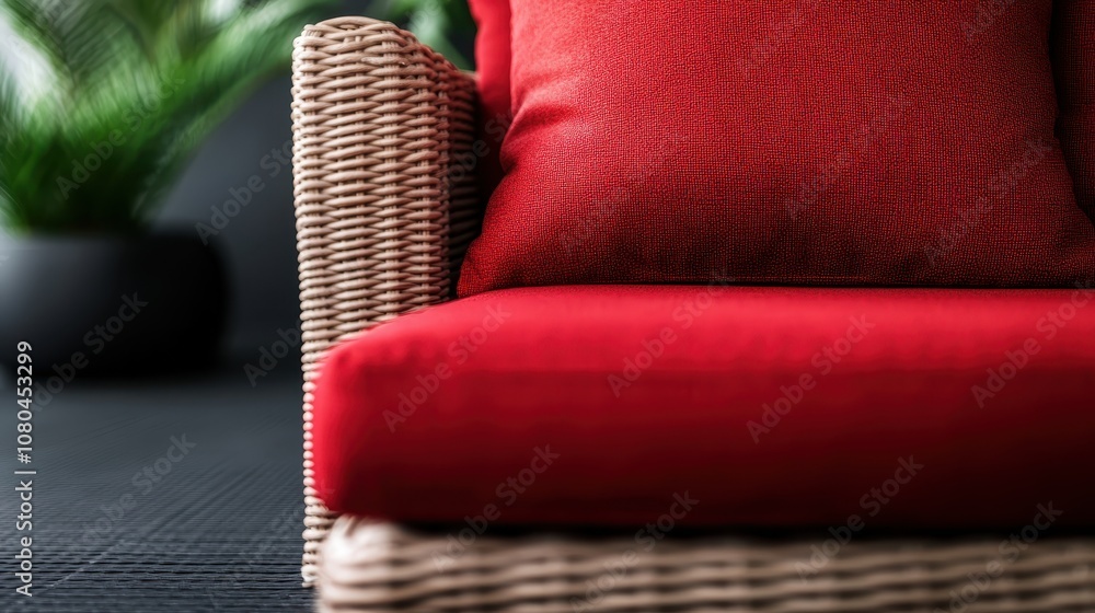 Poster a close-up view of a wicker sofa corner showcases vibrant red cushions, highlighting intricate textu