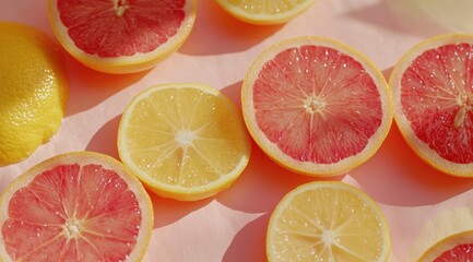Fototapeta premium Bright yellow and pink citrus fruits sliced in half, showcasing juicy textures against a soft pastel background.